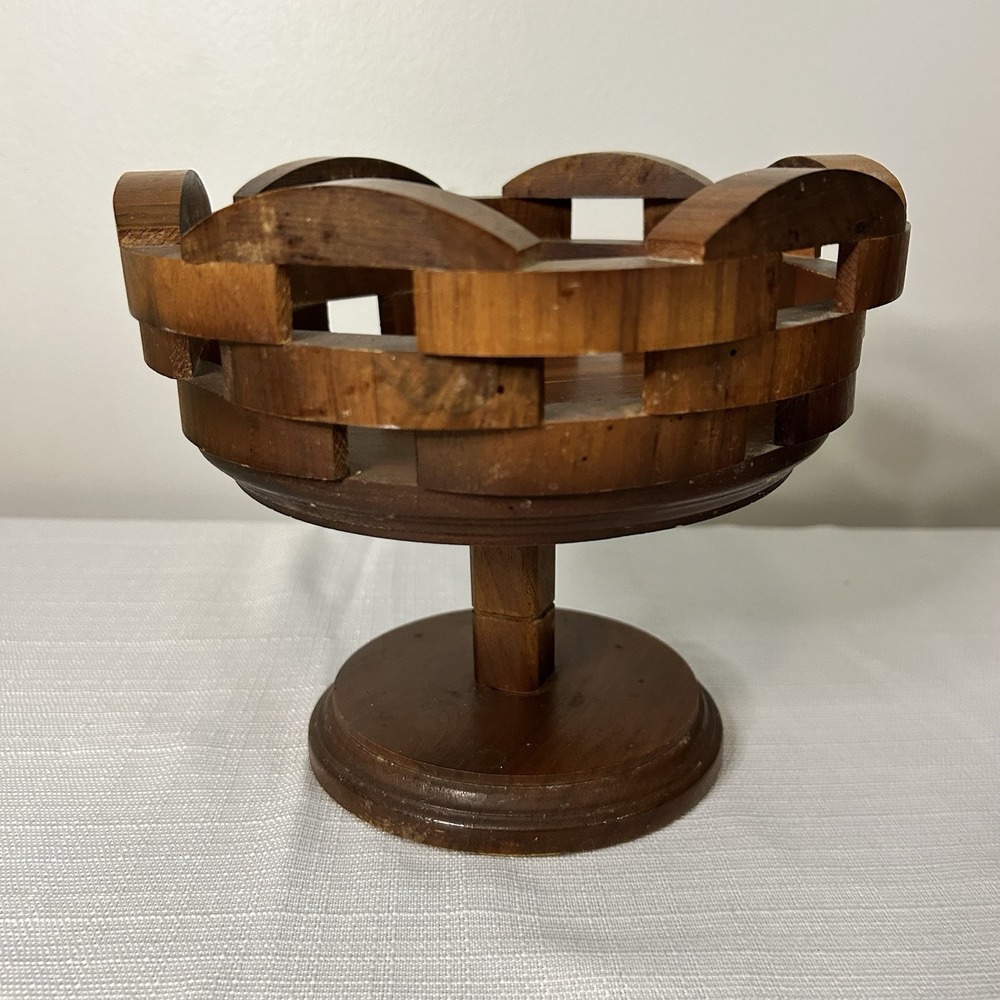 Wooden Woven Handcrafted Bowl On Pedestal Mid-century Modern Style Vintage Retro